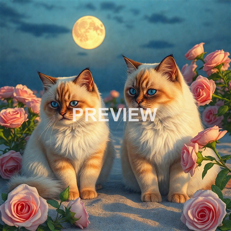 Two Siamese cats with striking blue eyes are sitting among pink roses on a sandy surface under a full moon in a night sky with clouds.